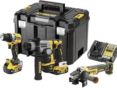 DeWalt cordless power tool set with drill, rotary hammer, angle grinder, and TSTAK case.