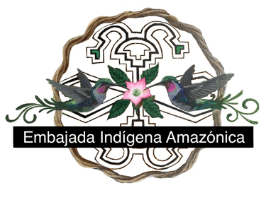 Embajada Indigena Amazonica logo featuring two hummingbirds, a pink flower, and indigenous geometric patterns.
