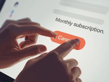 A computer screen saying Monthly subscription with a person touching the cancel button.