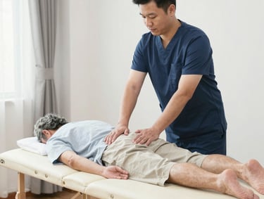 A caring registered massage therapist providing gentle treatment to an elderly client in a cozy living room.