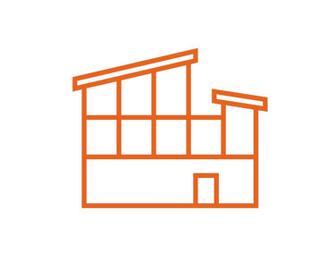 Orange line art icon of a modern architectural building with a sloped roof on a black background.