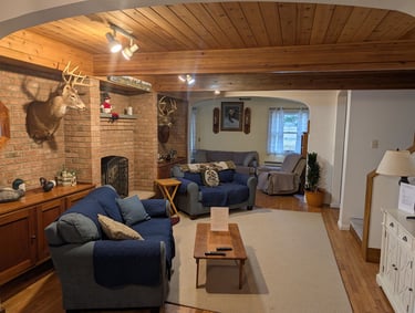 Rustic living room featuring blue seating, wood-paneled ceilings, and a traditional brick fireplace.