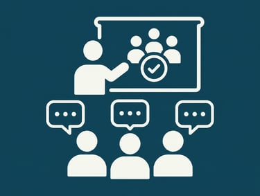 White flat icon representing a business presentation, corporate training, and team collaboration on a dark blue background.