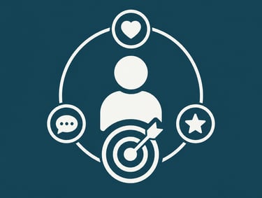 Customer persona icon featuring a person with target, heart, star, and speech bubble symbols.