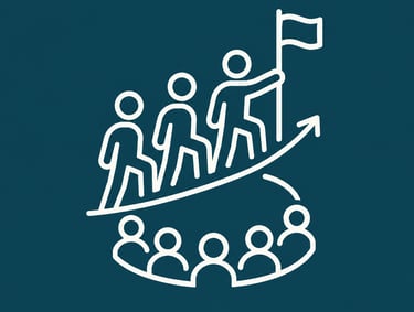 White line icon of a business team achieving goals and growth on a blue background.