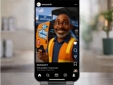 smart phone with 3d avatar-style man in safety vest and work van behind him
