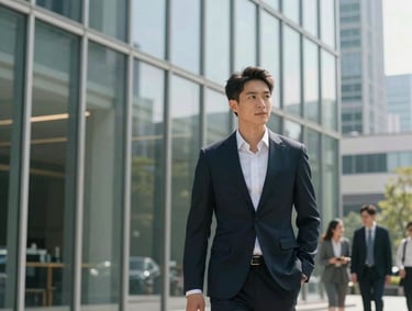 Candid lifestyle photography in a modern glass building, natural daylight, professional figures in the background, elegant and clean aesthetic, International / Professional style.