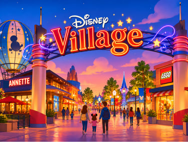 Vibrant Disney Village entrance at sunset with families walking past LEGO and Annette shops.