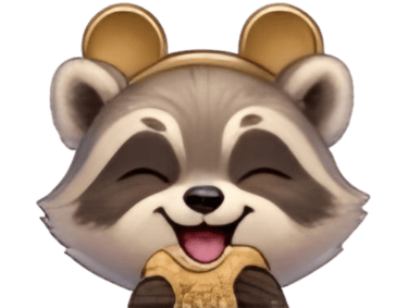 Cute 3D smiling raccoon emoji with golden mouse ears on a black background.
