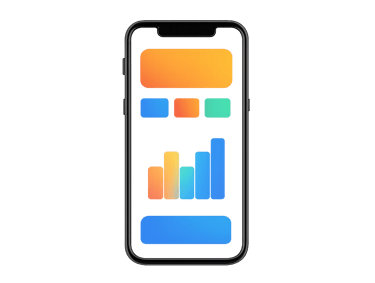 A mobile smartphone mockup showing a colorful application screen with various functional elements.