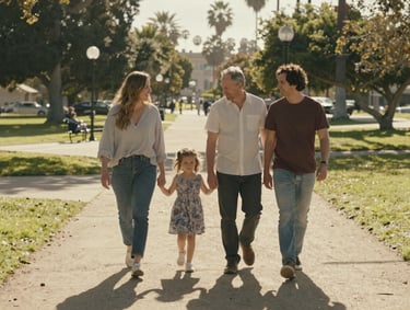 A cinematic lifestyle shot of a family walking through a sun-filled park in California. The scene is authentic and unposed, captured with a warm, sun-drenched glow and soft sand tones.