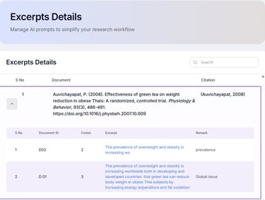 Screenshot of a research tool interface showing document excerpts and citations for a green tea study.