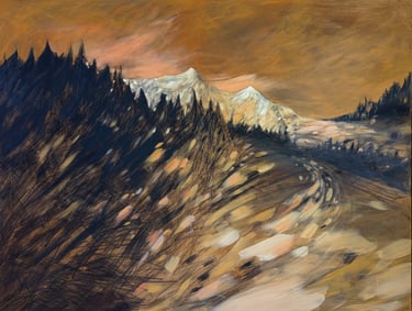 peinture d'une perspective vers les sommets depuis les sentiers