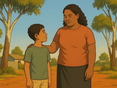 Tongan parent and child smiling near Murray River in Robinvale, gum trees and ochre soil, calm morning light.