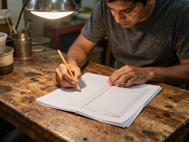 Entrepreneur at a worn wooden workbench in a small taquería, reviewing a printed ledger under warm overhead light, pencil in hand
