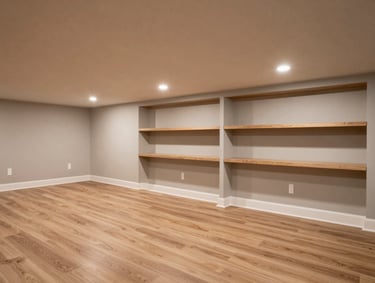 Finished basement remodel in a Delaware home photographed under recessed lighting, showing open living area with LVP flooring, drywall, and built-in shelving along one wall
