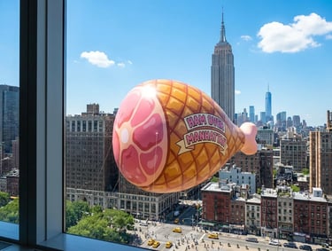 a ham flying above NYC