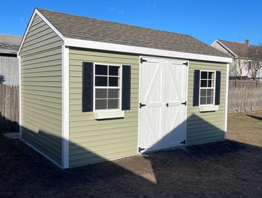 10x14 vinyl shed custom built in Peabody, Massachusetts for durable outdoor storage.
