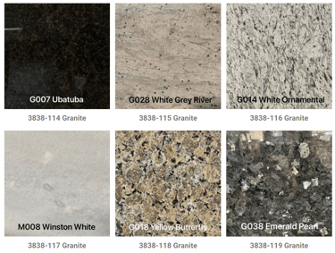 a variety of granite countertops with different colors and sizes of granite