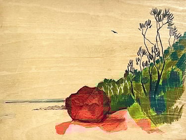 a drawing of a large red rock beside the ocean and trees in an escarpment