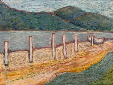 a painting of a boat on a beach