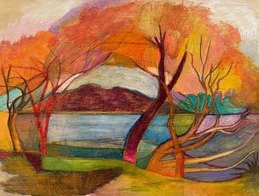 a painting of a landscape with trees and water