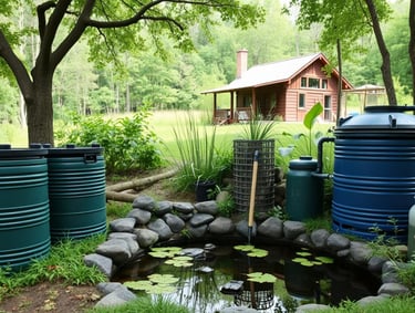 water storage system with pond and rain barrels