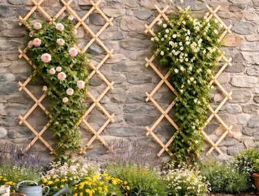 Pink climbing roses and white flowers grow on wooden garden trellises against a rustic stone wall.