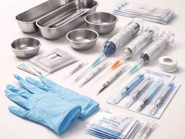 Disposable medical supplies like syringes, gloves, and sterile tools on a white background.