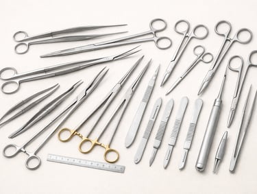 Surgical sets with scissors, forceps, and scalpels on a white background.