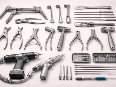 Orthopedic tools like pliers, drills, and screwdrivers on a white background.