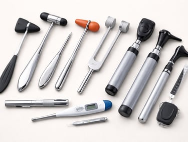 Diagnostic tools like reflex hammers, thermometers, and otoscopes on a white background.