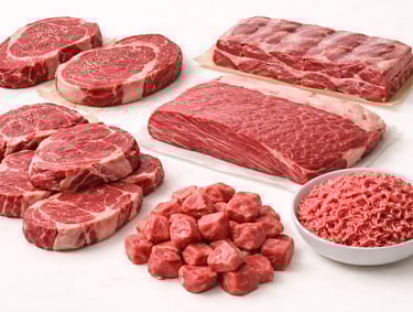 Halal export-grade beef cuts display featuring steaks, ribs, cubes, and minced beef