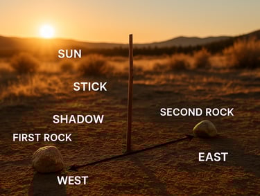 Shadow stick navigation diagram with sun and labeled directions for compass-free wilderness orientation