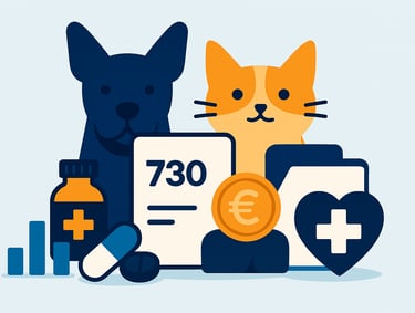 Illustrazione CAF Public di una figura stilizzata con animali domestici, riferita alle spese veterinarie.