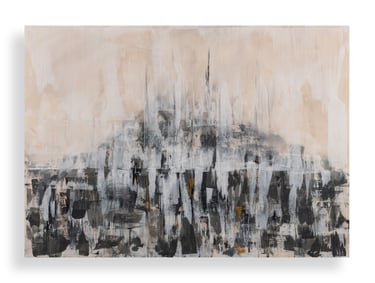 Modern abstract acrylic painting featuring black, white, and beige brushstrokes on canvas.