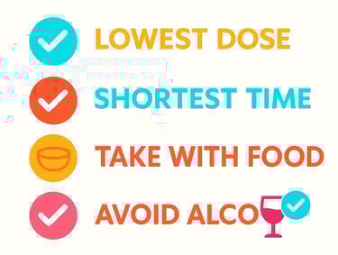 Colorful infographic showing ibuprofen safety tips: lowest dose, shortest time, take with food, avoid alcohol.