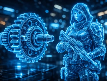 Digital 3D wireframe and holographic blueprint of an STL file for mechanical gears and character mod