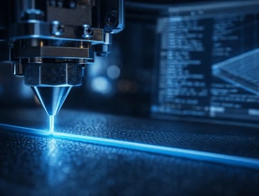 Macro photo of a 3D printer nozzle calibrating first layer adhesion and slicer software G-code setti