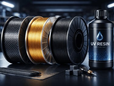 Professional display of 3D printing materials including PLA, PETG, TPU filament spools, and UV liqui