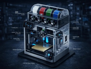 Technical comparison of FDM and Resin 3D printers with hardware specifications and data overlay.