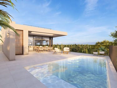 terraza con vistas a la piscina y al mar en Calviá