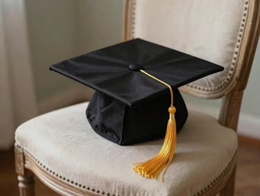 A beautifully arranged photography set for a graduate, featuring a black graduation cap with a golden tassel resting on a light-colored antique chair. The scene is shot in a home studio with soft, natural lighting, Middle Eastern context.