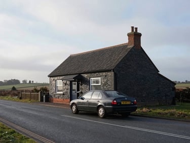 Wide documentary shot of a dark saloon car on a quiet North Lincolnshire town road, overcast morning light, no pedestrians, flat landscape visible in background