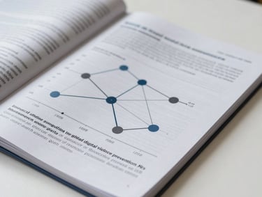 Close-up of a printed scientific journal cover featuring graphs of social media network connections, representing research on online grooming and digital violence prevention, sitting on a pristine white desk.