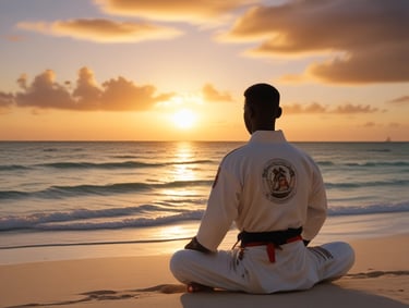 girl wearing karate gi sitting on pink puzzle mat