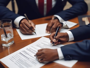 A close-up of legal documents and a pen on a wooden desk.