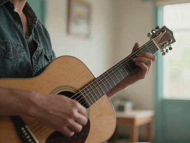 A medium shot of a musician's hands skillfully strumming guitar strings, captured with a soft focus in a sun-drenched North American interior. The scene features dusty teal accents and warm off-white walls, conveying a nostalgic and inviting mood.