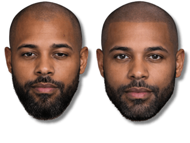 Before and after comparison of a man with a full beard and a man with a neatly trimmed beard, showcasing grooming