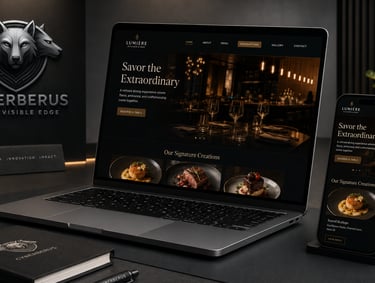 Responsive restaurant website design displayed on a laptop and smartphone for a digital marketing agency.